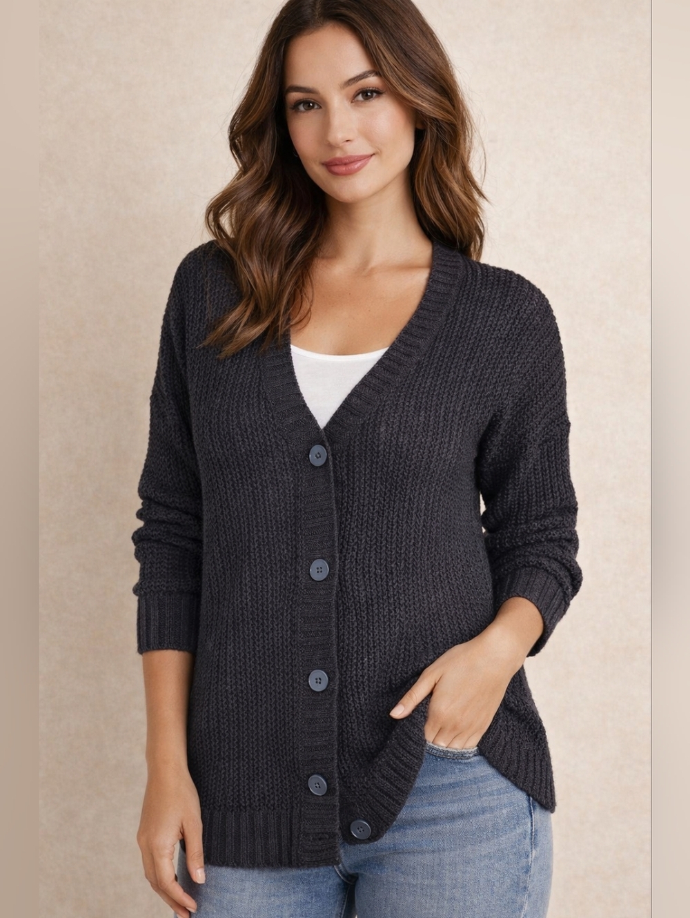 Kenneth Cole Linen Blend Knit Cardigan – Black Button Front